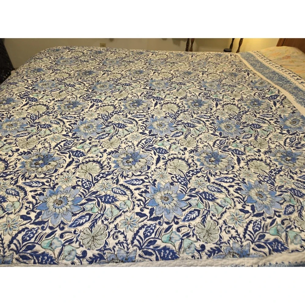 Indigo & Sky Blue Cotton Block Print Quilt Blanket  87